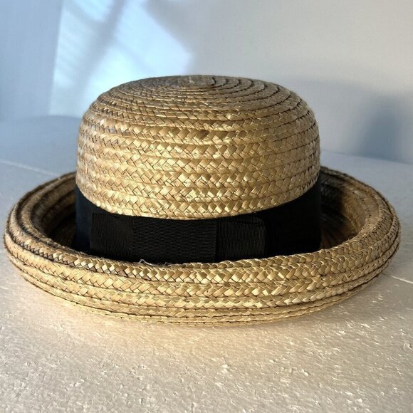 Bowler Style Straw Hat Black Ribbon 22.5" classic French vintage cottage core - Picture 2 of 8